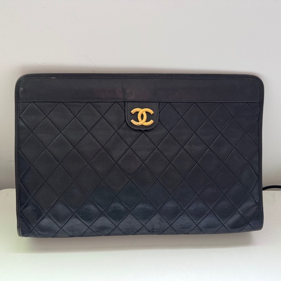 Auth CHANEL Matelasse Clutch Bag Lambskin Black Quilted Coco Mark CC Logo - Picture 1 of 14